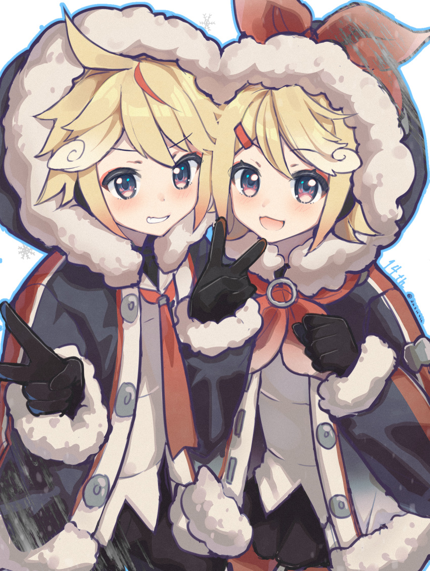 1boy 1girl :d ahoge black_gloves blonde_hair blue_eyes blush bow bow_hairband clenched_hand commentary double_v fur-trimmed_hood fur_trim gloves hair_ornament hairband hairclip hat highres hood hood_up jacket kagamine_len kagamine_rin looking_at_viewer neckerchief necktie pale_skin red_hairband red_neckerchief red_necktie simple_background smile snow snowflakes v vocaloid white_background winter_clothes yuki_len yuki_rin zazuzu