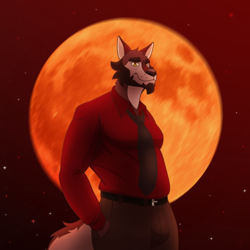 anthro belt canid canine canis clothing dress_pants dress_shirt facial_hair looking_at_viewer male mammal moon necktie olive_(olivepup_00) olivepup_00 shirt solo topwear wolf