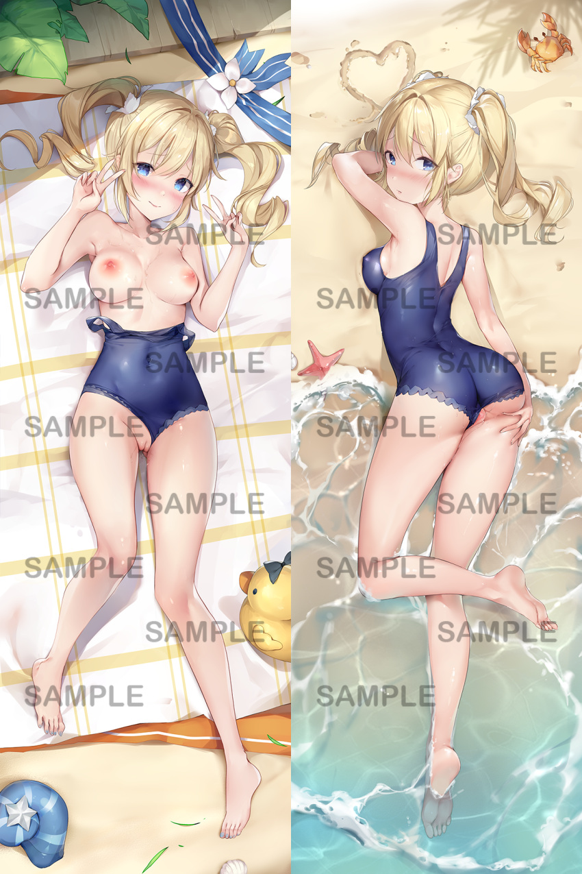 1girl ass ass_grab barbara_(genshin_impact) barbara_(summertime_sparkle)_(genshin_impact) bare_legs barefoot beach beach_towel blonde_hair blue_eyes blue_nails blue_swimsuit blush breasts breasts_out closed_mouth clothes_pull clothing_aside commentary covered_navel covered_nipples crab daefny dakimakura_(medium) day double_v drill_hair eyebrows_visible_through_hair flower from_above full_body furrowed_brow genshin_impact grabbing_own_ass hair_between_eyes hair_intakes heart highres knees_together_feet_apart leaf looking_at_viewer lying medium_breasts medium_hair multiple_views nail_polish nervous_smile nipples no_hat no_headwear ocean official_alternate_costume on_back on_stomach one-piece_swimsuit outdoors partially_undressed pussy pussy_juice rubber_duck sample_watermark sand_writing seashell shade shell sideboob skin_tight smile soles spread_ass spread_pussy starfish swimsuit swimsuit_aside swimsuit_pull thighs toenail_polish toenails towel twin_drills twintails uncensored v water wet white_flower zi_tong_zhi_lei