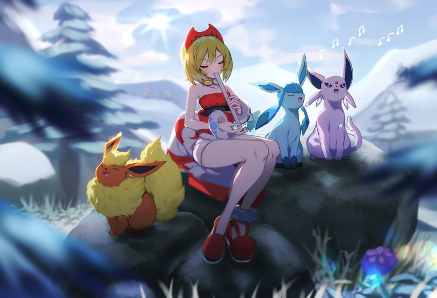 1girl ankea_(a-ramo-do) bangs blonde_hair blurry closed_eyes collar collarbone commentary_request day espeon eyelashes flareon glaceon hairband highres instrument irida_(pokemon) knees legs_together medium_hair music outdoors playing_instrument pokemon pokemon_(creature) pokemon_(game) pokemon_legends:_arceus red_footwear red_hairband red_shirt sash shirt shoes shorts singing sitting strapless strapless_shirt tree white_shorts