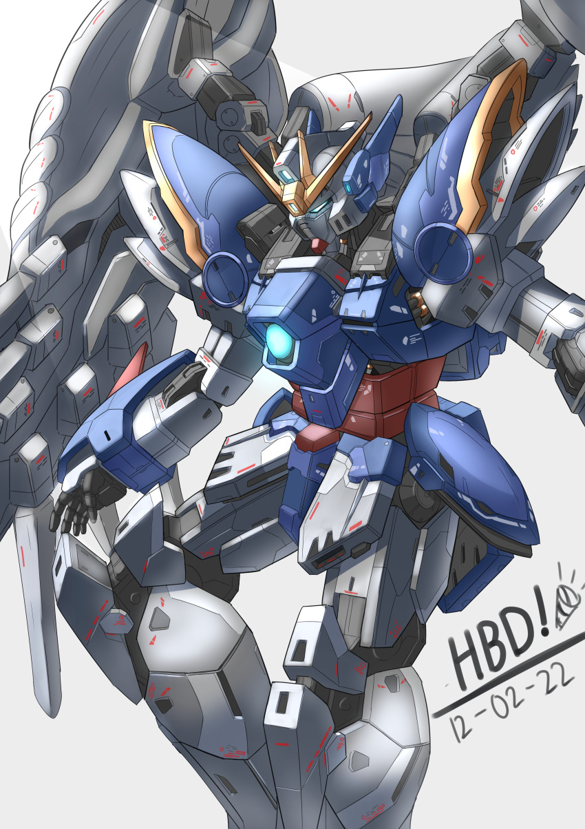 absurdres blue_eyes dated english_commentary glowing glowing_eye grey_background gundam gundam_wing gundam_wing_endless_waltz happy_birthday highres jellen_squish looking_down mecha mechanical_wings mobile_suit no_humans open_hand solo v-fin wing_gundam_zero_custom wings