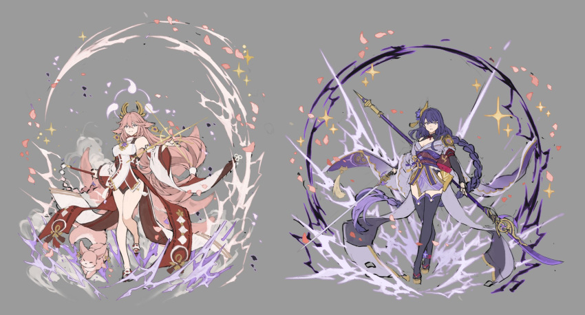 2girls animal animal_ears bangs black_legwear breasts cleavage crossed_legs detached_sleeves dual_wielding earrings electricity fox fox_ears full_body genshin_impact gohei grey_background hair_between_eyes highres holding holding_polearm holding_sword holding_weapon japanese_clothes jewelry long_hair medium_breasts miko multiple_girls papajay_(jennygin2) parted_lips petals pink_hair polearm purple_eyes purple_hair raiden_shogun simple_background sparkle sword symbol-only_commentary thighhighs very_long_hair watson_cross weapon wide_sleeves yae_miko
