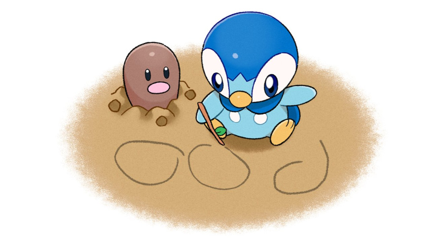 blue_eyes commentary_request creature diglett drawing from_above holding holding_stick looking_down no_humans official_art piplup pokemon pokemon_(creature) project_pochama sand sitting stick toes