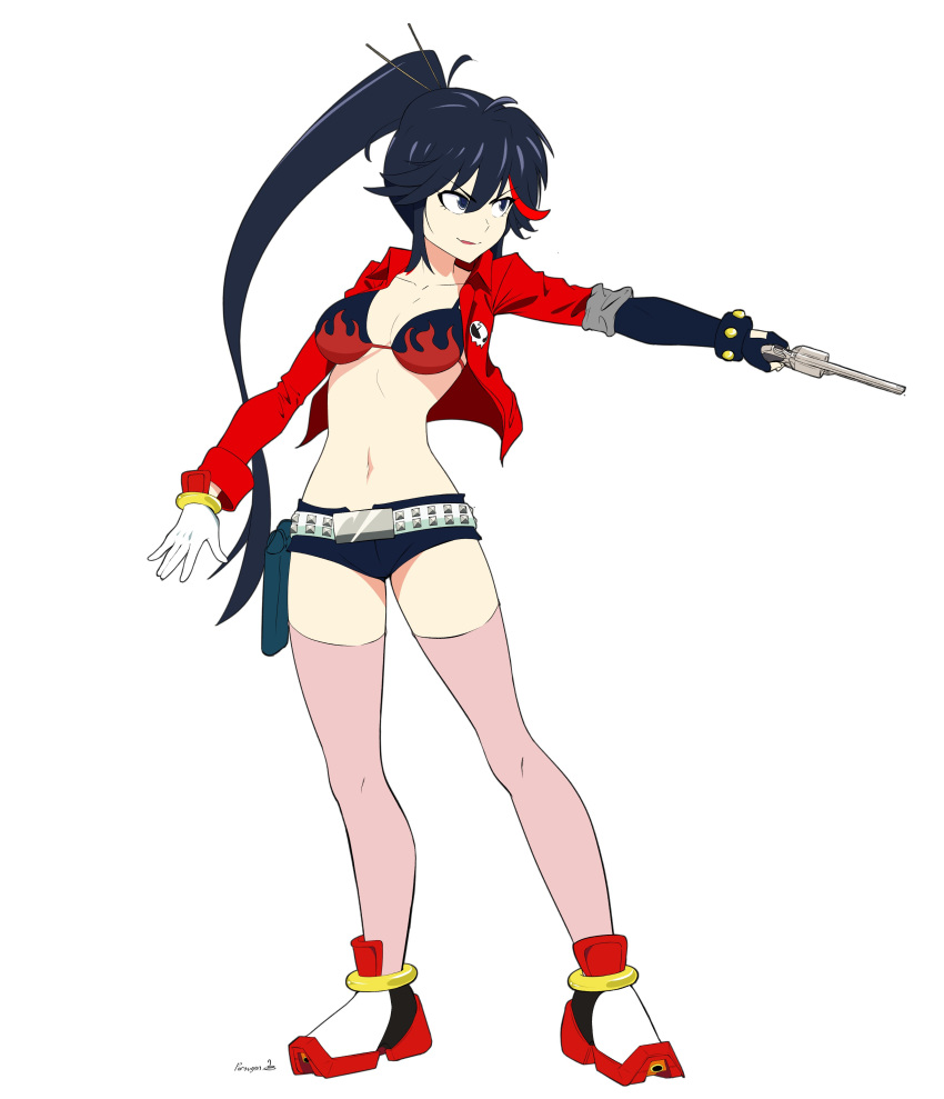 1girl absurdres bikini bikini_top_only black_hair blue_eyes breasts cosplay full_body gun highres jacket kill_la_kill long_hair matoi_ryuuko multicolored_hair porougon red_hair shoes shorts signature swimsuit tengen_toppa_gurren_lagann thighhighs weapon yoko_littner yoko_littner_(cosplay)