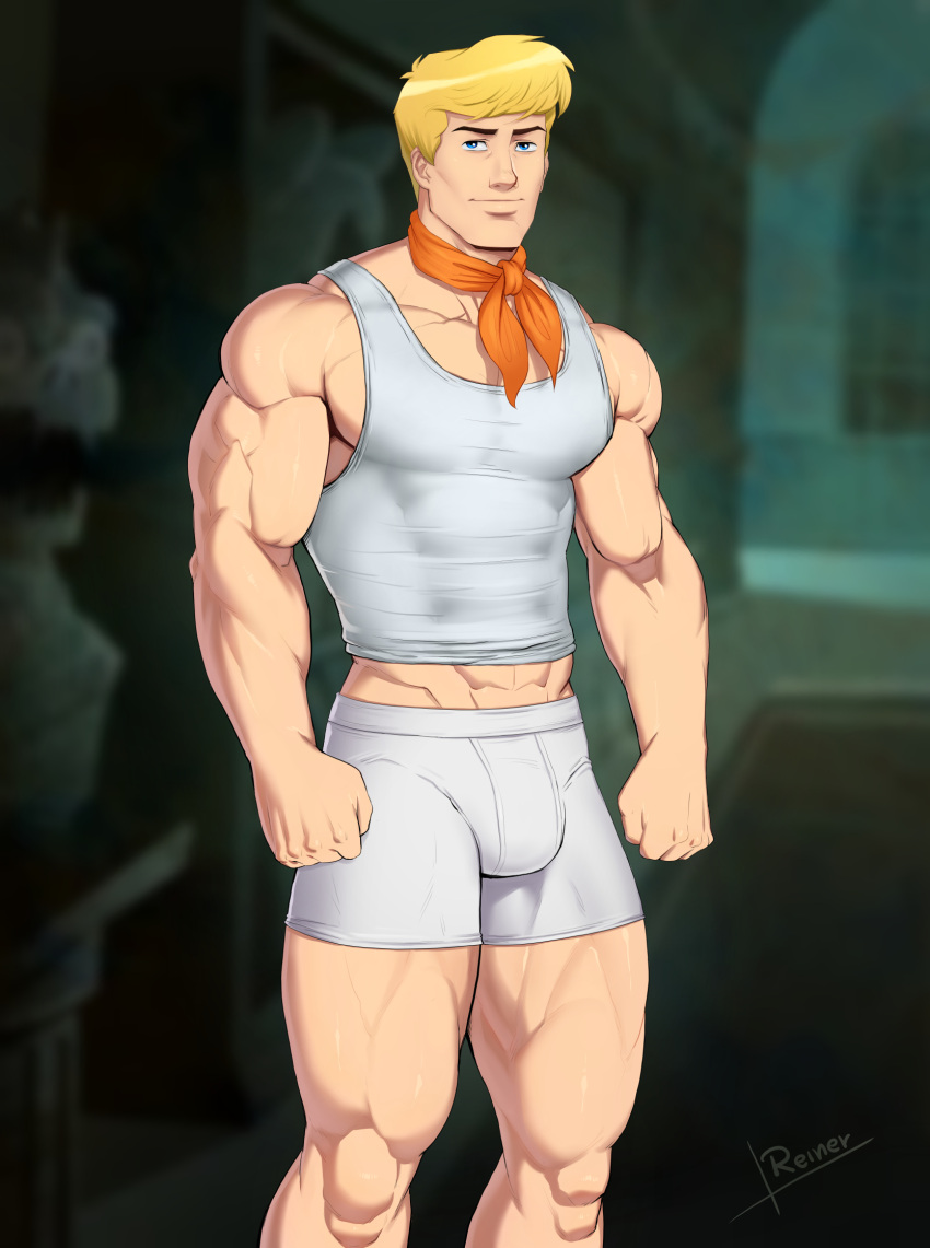 1boy ascot bara bare_arms blonde_hair commentary english_commentary fred_jones highres large_pectorals looking_at_viewer male_focus manboobs muscular muscular_male pectorals reiner55 scarf scooby-doo short_hair solo