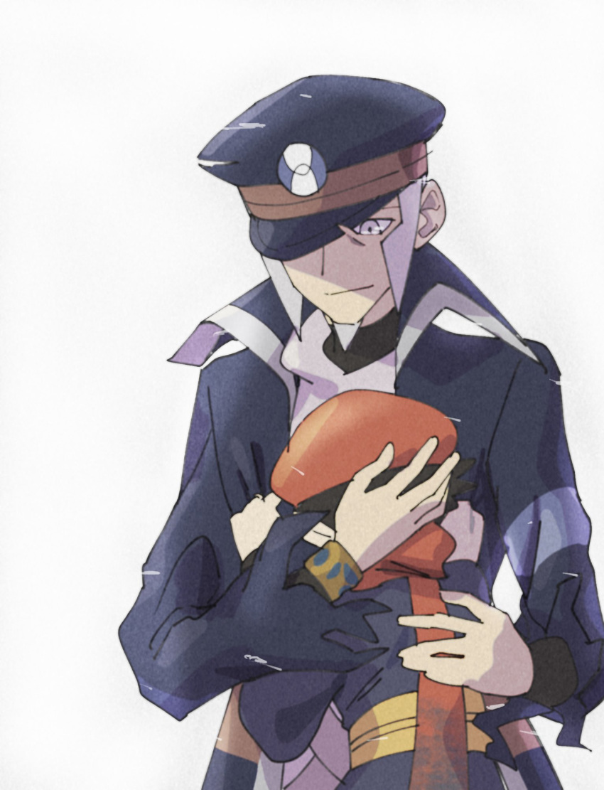 2boys black_headwear closed_mouth collared_coat commentary_request facial_hair grey_eyes grey_hair hands_up hat high_collar highres hungry_seishin ingo_(pokemon) looking_down male_focus multiple_boys orange_headwear orange_scarf pokemon pokemon_(game) pokemon_legends:_arceus rei_(pokemon) sash scarf short_hair sideburns smile white_background