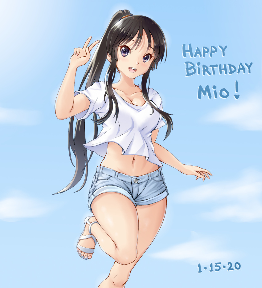 1girl :d akiyama_mio bangs black_hair blue_shorts blush breasts cleavage cloud collarbone commentary day english_commentary english_text eyebrows_visible_through_hair eyelashes feet fingernails grey_eyes hair_tie happy_birthday highres k-on! knees long_hair looking_at_viewer navel older open_mouth ponytail sandals shiny shiny_hair shirt short_shorts shorts sidelocks sky smile solace solo teeth tied_hair toenails toes tongue upper_teeth v white_footwear white_shirt