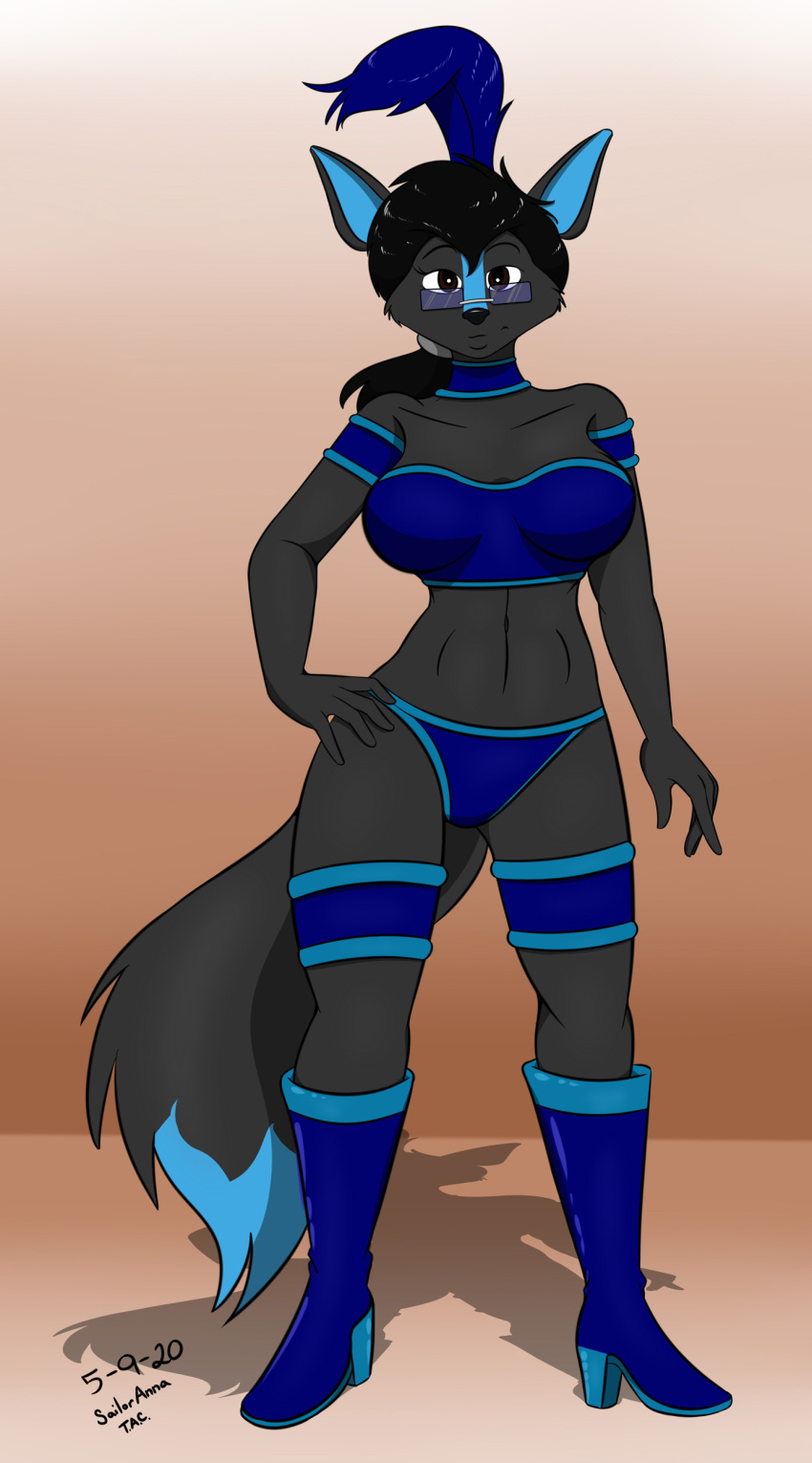 2020 absurd_res anthro black_body black_fur black_hair black_nose boots canid canine clothing dipstick_tail eyewear female footwear fox fur glasses gradient_background hair hi_res mammal markings midriff navel sailoranna simple_background solo tail_markings