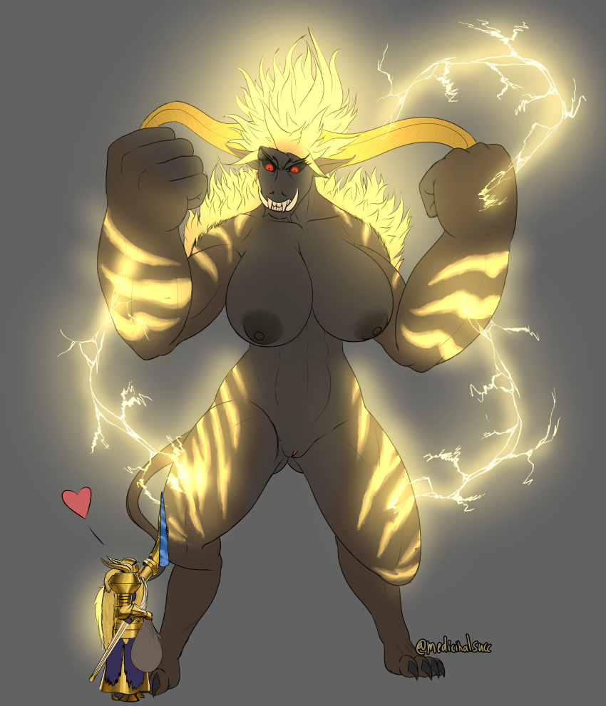 absurd_res angry anthro big_breasts big_hands breasts capcom claws duo fangs female hi_res horn lightning male medicinal_succ monster_hunter muscular primatius rajang scale_knight_(medicinalsucc) thick_thighs video_games