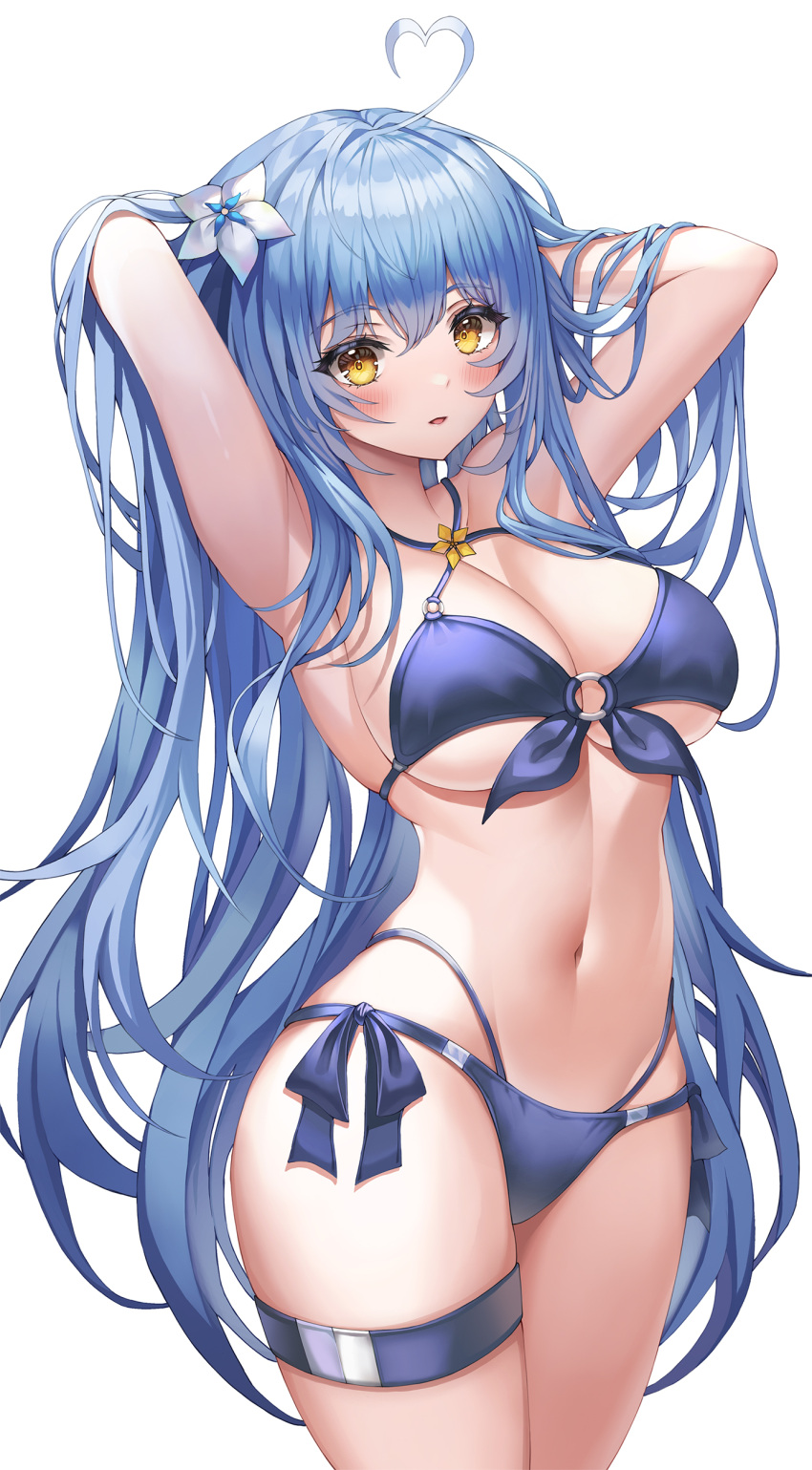 1girl absurdres ahoge armpits arms_behind_back arms_up bikini blue_bikini blue_hair blue_ribbon blush breasts cleavage cowboy_shot criss-cross_halter flower hair_flower hair_ornament halterneck hands_in_hair heart_ahoge highres hololive large_breasts long_hair looking_at_viewer navel o-ring o-ring_bikini o-ring_top parted_lips ribbon seemu_(wnslqjdignv_) side-tie_bikini simple_background smile stomach swimsuit thigh_strap underboob very_long_hair virtual_youtuber white_background white_flower yellow_eyes yukihana_lamy