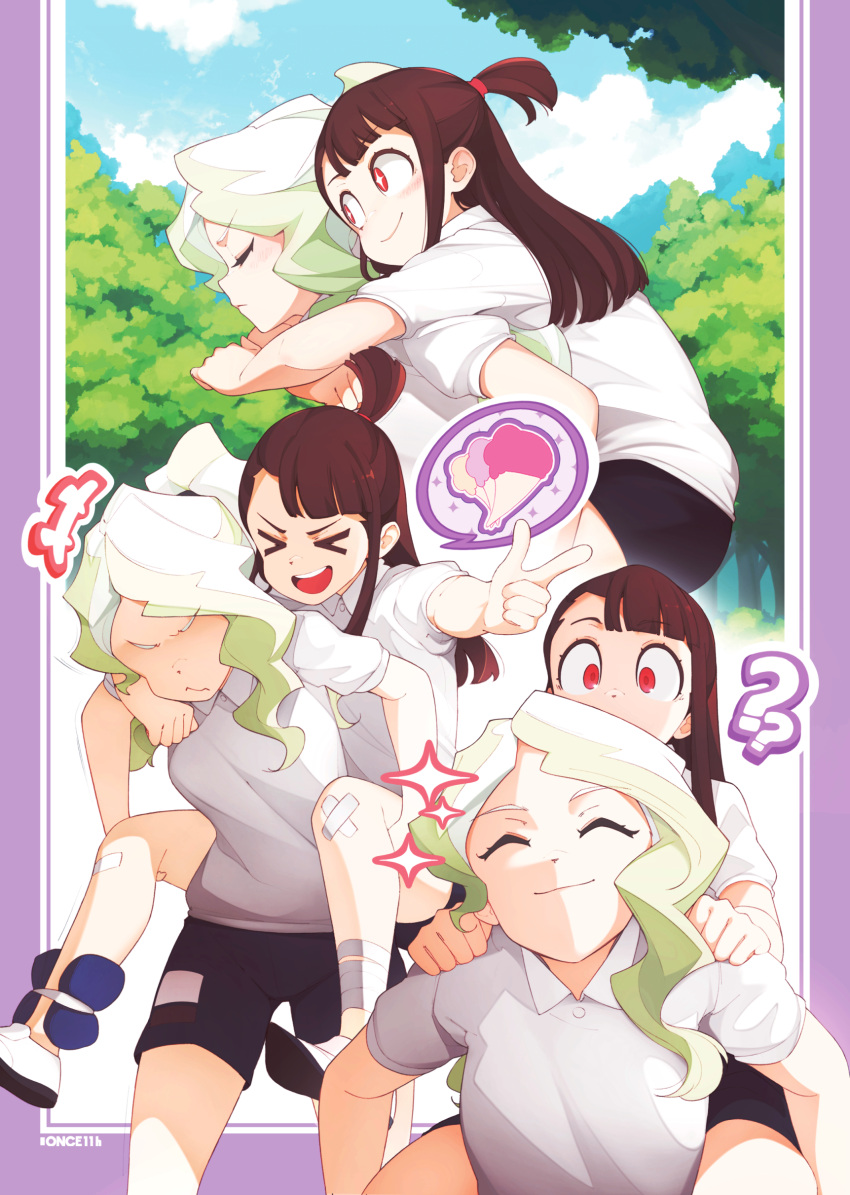 &gt;o&lt; 2girls ? ?? absurdres artist_name bandages blue_eyes blush brown_hair closed_eyes closed_mouth diana_cavendish eyebrows_visible_through_hair green_hair highres kagari_atsuko little_witch_academia looking_at_another multiple_girls once_11h open_mouth red_eyes shirt short_sleeves smile teeth upper_teeth v white_shirt yuri