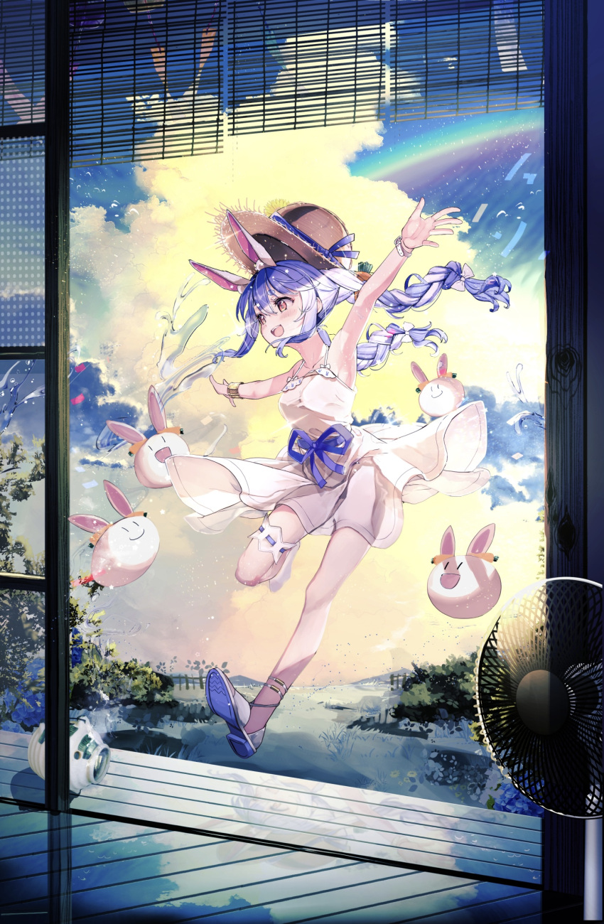 1girl :d animal_ear_fluff animal_ears anklet bangs bare_arms blue_hair blue_ribbon blush bow bracelet braid breasts brown_headwear carrot_hair_ornament cloud cloudy_sky commentary_request day dress electric_fan food-themed_hair_ornament full_body hair_between_eyes hair_bow hair_ornament haruhina_purple hat hat_ribbon highres hololive jewelry jumping leg_garter long_hair medium_breasts nousagi_(usada_pekora) outstretched_arms rabbit_ears rainbow red_eyes ribbon shoes short_eyebrows sky sleeveless sleeveless_dress smile solo spread_arms straw_hat thick_eyebrows twin_braids twintails usada_pekora virtual_youtuber white_bow white_dress white_footwear