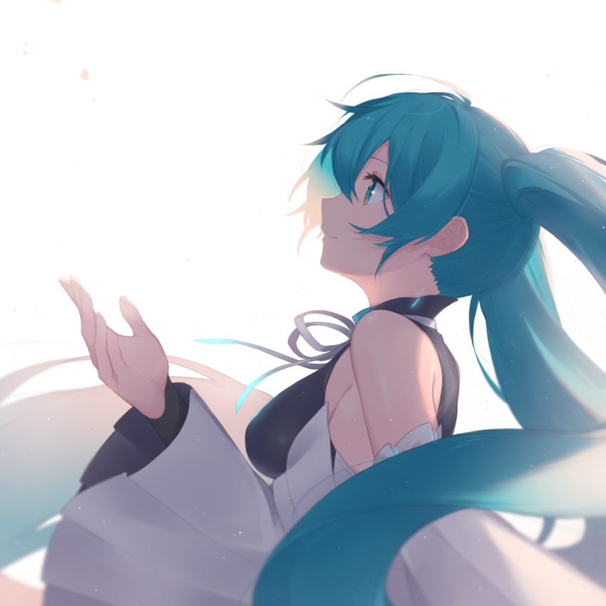 1girl aqua_eyes aqua_hair bangs bare_shoulders closed_mouth detached_sleeves fhang from_side grey_ribbon hair_between_eyes hand_up hatsune_miku long_hair long_sleeves neck_ribbon profile ribbon simple_background smile solo twintails upper_body very_long_hair vocaloid white_background wide_sleeves