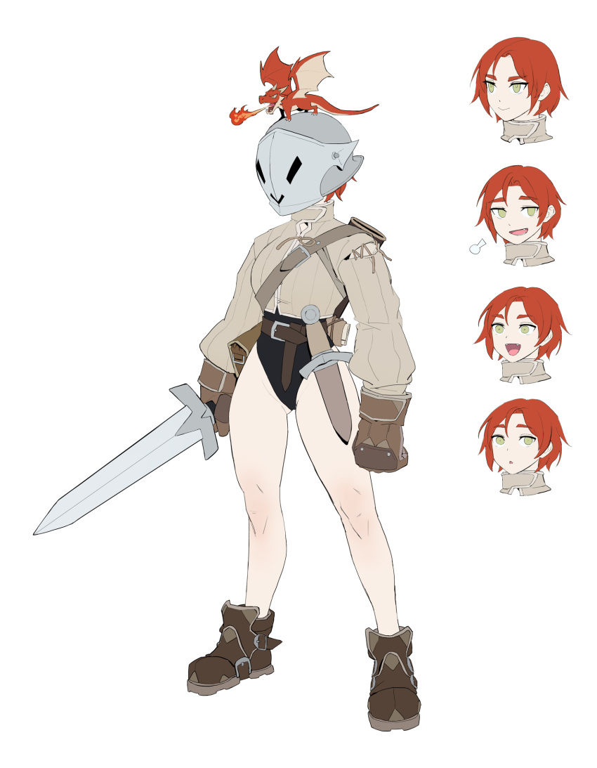 1girl :d bangs belt breasts brown_belt brown_footwear brown_gloves clenched_hand dagger dongho_kang dragon fire full_body gloves helm helmet highres knife long_sleeves medium_breasts original red_hair short_hair small_dragon smile solo standing weapon