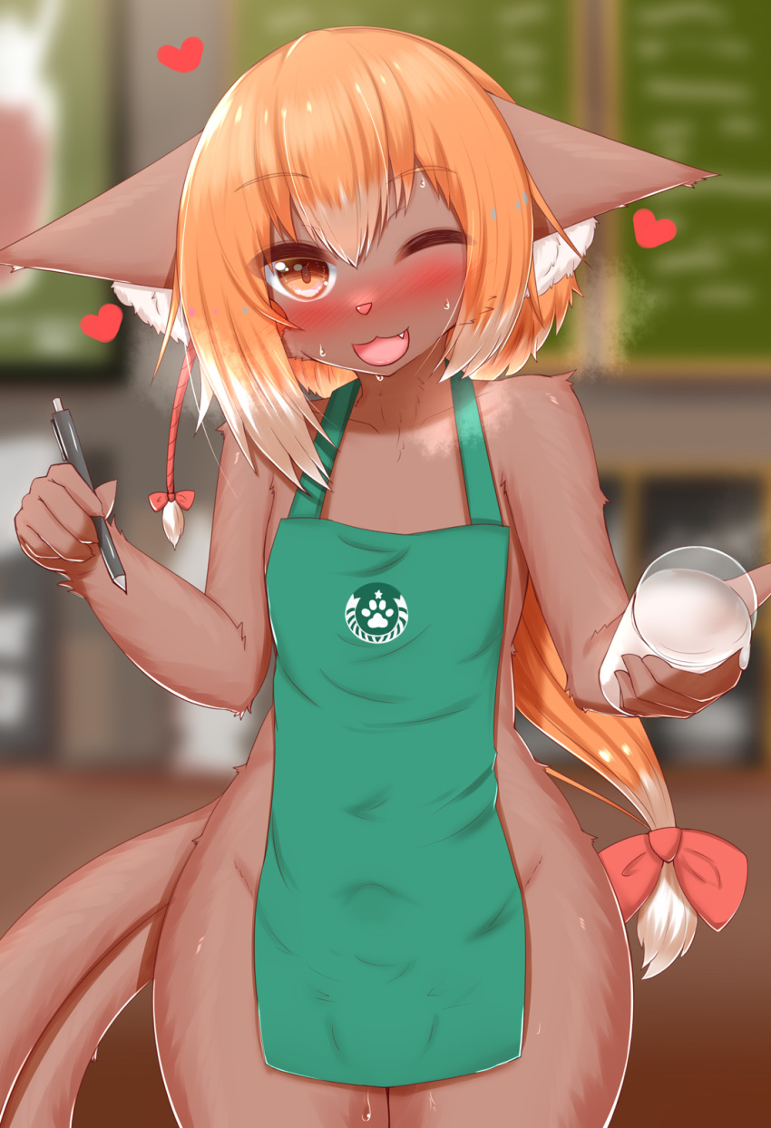 &lt;3 2022 5_fingers accessory anthro apron apron_only balls_outline blush bodily_fluids brown_body brown_fur bulge cafe claws clothing container cum cum_in_a_cup cup cute_fangs domestic_cat felid feline felis finger_claws fingers fur genital_fluids genital_outline girly green_apron hair hair_accessory happy hi_res holding_object horokusa0519 i_mean_breast_milk inner_ear_fluff kemono long_hair looking_at_viewer male mammal meme mostly_nude multicolored_hair one_eye_closed open_mouth open_smile orange_eyes orange_hair pen penis_outline pink_nose portrait smile smiling_at_viewer solo starbucks sweat sweatdrop three-quarter_portrait tongue translated_description tuft white_body white_fur white_hair wink