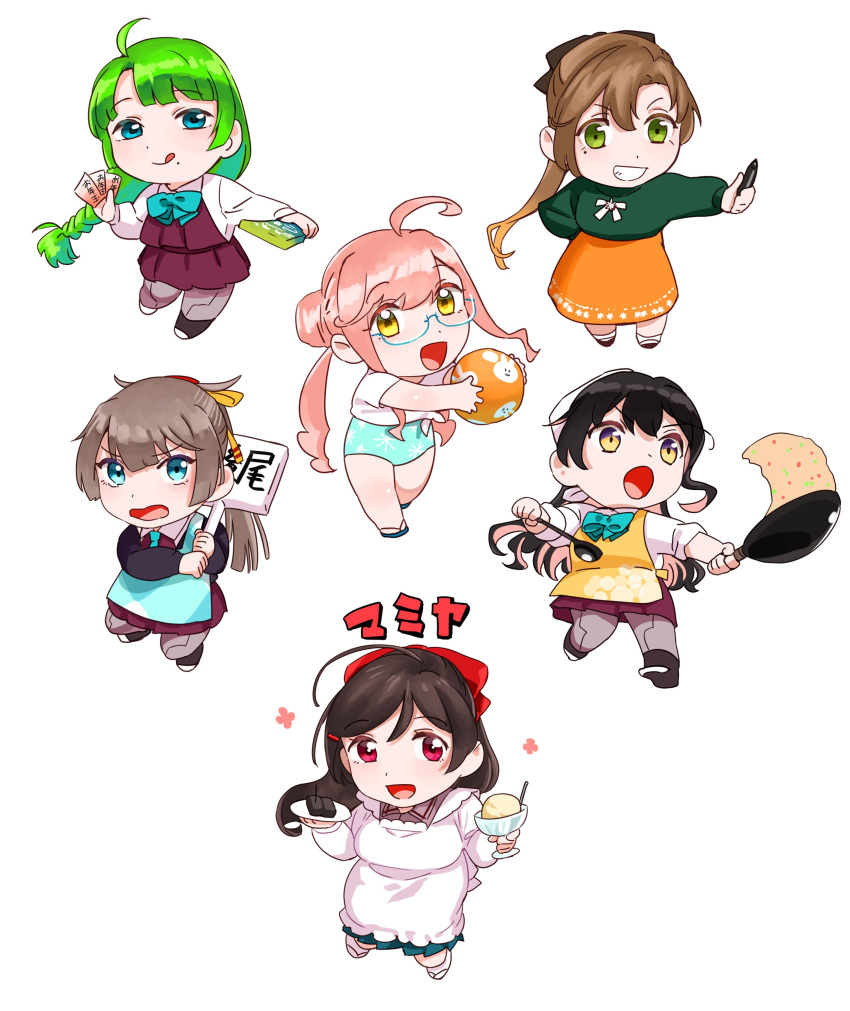 6+girls absurdres ahoge akigumo_(kancolle) apron aqua_swimsuit ball bandana beachball black_eyes blue_apron blue_eyes braid brown_hair casual_one-piece_swimsuit chibi double_bun dress food fried_rice full_body glasses green_eyes green_hair green_sweater grey_legwear grin halterneck highres kantai_collection kappougi kazagumo_(kancolle) long_hair long_sleeves makigumo_(kancolle) mamiya_(kancolle) multicolored_hair multiple_girls naganami_(kancolle) official_alternate_costume ojipon one-piece_swimsuit orange_skirt pantyhose pink_hair ponytail purple_dress red_eyes school_uniform sign simple_background single_braid skirt smile stylus sweater swimsuit twintails two-tone_hair white_background wok yellow_apron yellow_eyes yuugumo_(kancolle)