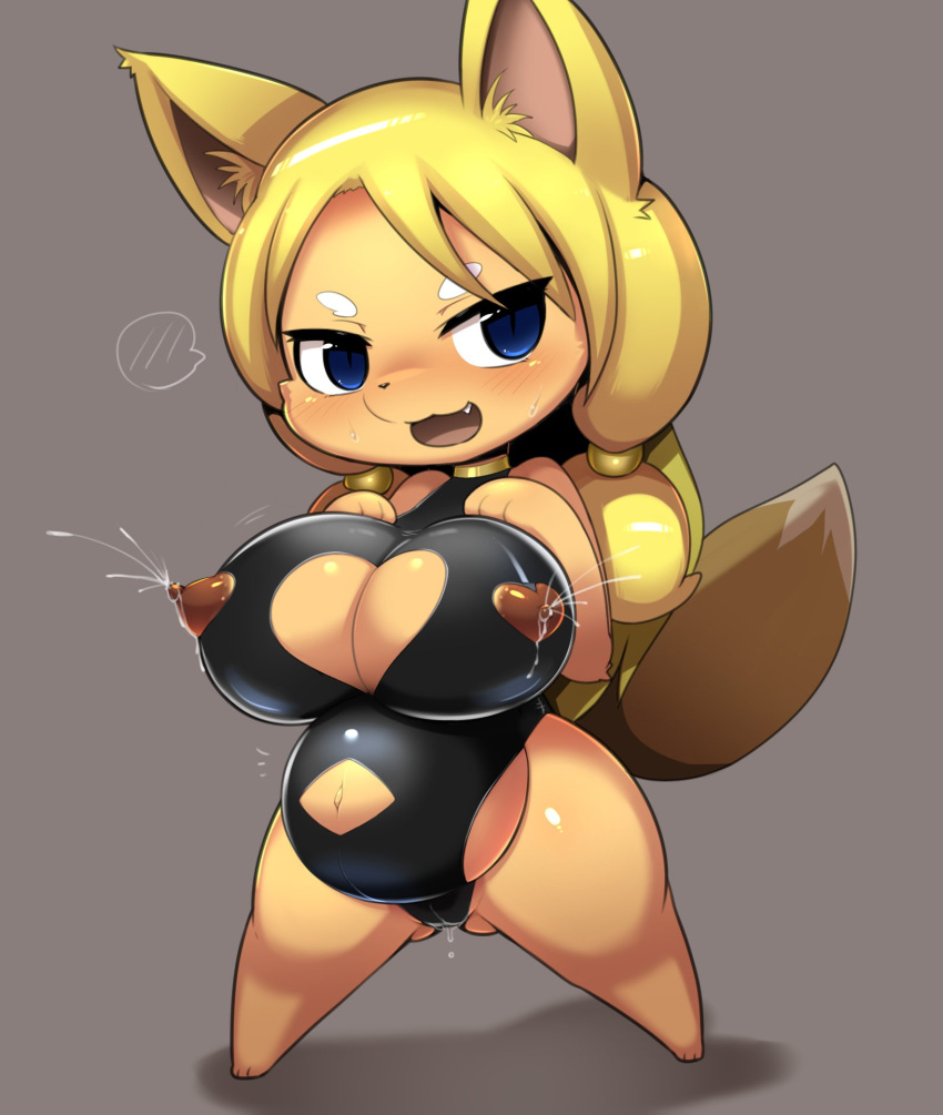 2021 anthro barefoot big_breasts blonde_hair blush bodily_fluids breasts camel_toe canid canine chibi clothing cute_fangs feet female fox gold_(metal) gold_jewelry grey_background hair hi_res jewelry lactating leotard mammal navel obikuragetyan projectile_lactation purple_eyes simple_background smile solo
