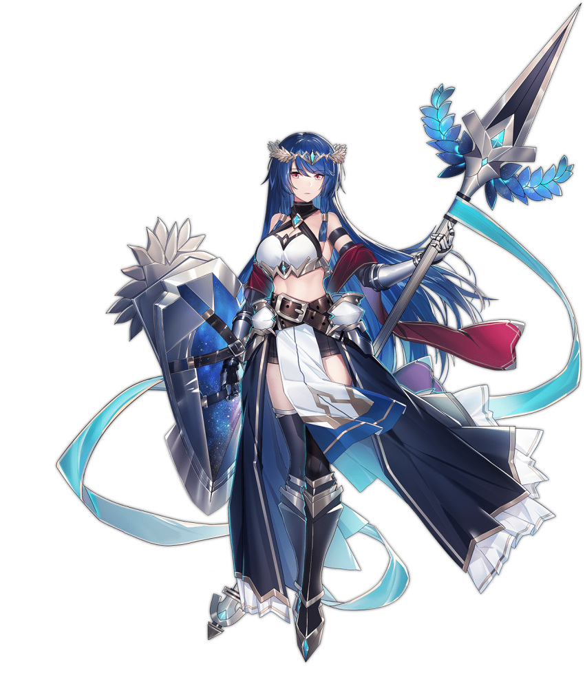 1girl ark_order armor armored_boots athena_(ark_order) bangs belt black_footwear black_legwear black_shorts blue_hair boots echj full_body gauntlets highres holding holding_polearm holding_shield holding_weapon laurel_crown long_hair looking_at_viewer official_art pelvic_curtain polearm red_eyes shield shorts sidelocks solo sparkle spear standing tachi-e tank_top thighhighs transparent_background very_long_hair weapon white_tank_top