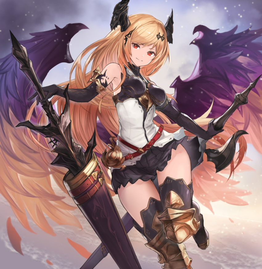 1girl angel_wings armor bangs bare_shoulders black_gloves black_legwear black_skirt blonde_hair boots closed_mouth dark_angel_olivia dual_wielding elbow_gloves eyebrows_visible_through_hair feathered_wings flying gloves gradient gradient_background granblue_fantasy hair_ornament highres holding holding_sword holding_weapon horns knee_pads light_smile long_hair looking_at_viewer miniskirt multicolored_wings pleated_skirt red_eyes shirt sidelocks skirt sleeveless sleeveless_shirt solo sword taba_comya thigh_boots thighhighs weapon white_shirt wings