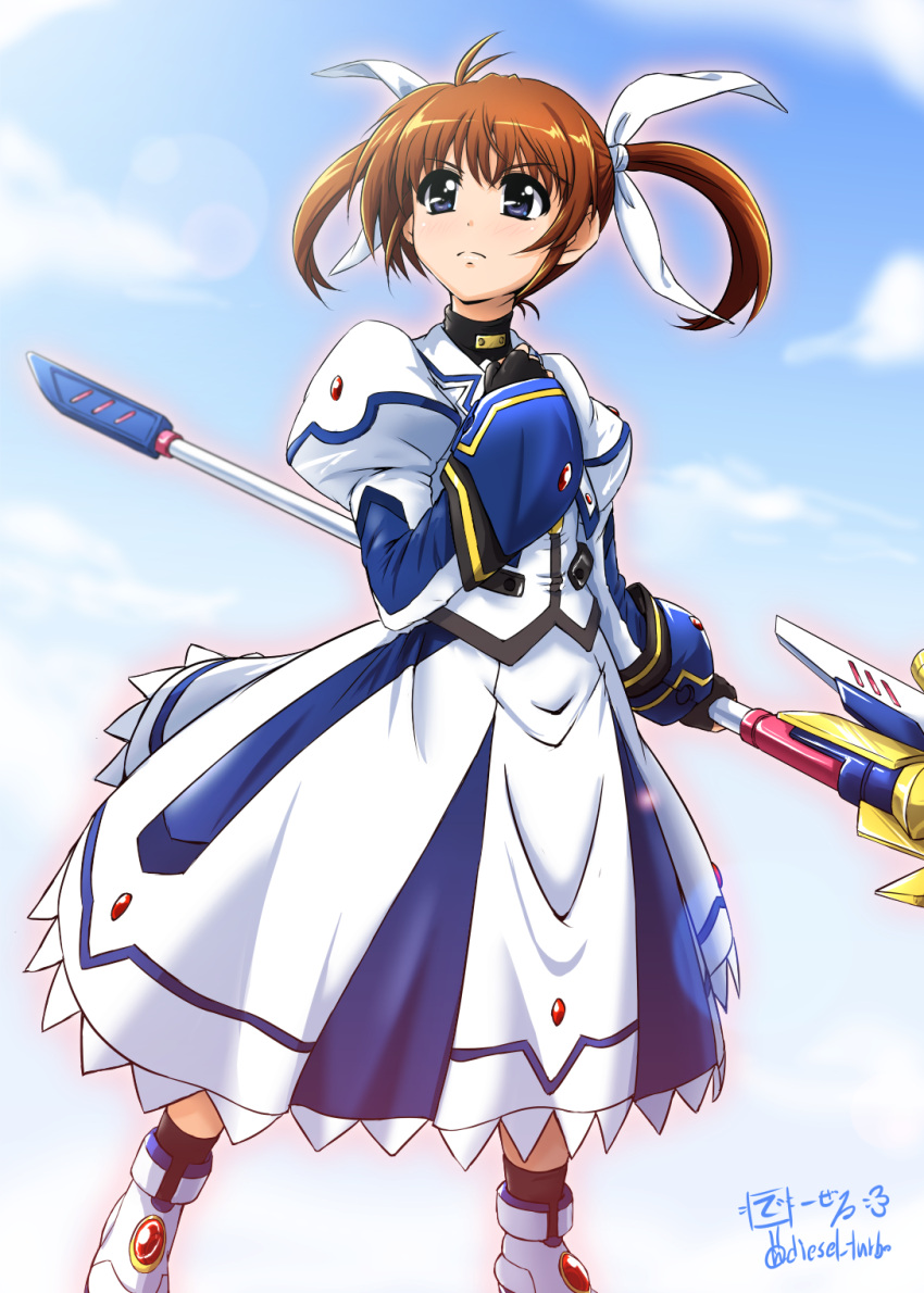 1girl ahoge artist_name black_gloves blue_eyes blush brown_hair closed_mouth diesel-turbo fingerless_gloves flying gloves hair_ornament hair_ribbon highres lyrical_nanoha magical_girl mahou_shoujo_lyrical_nanoha mahou_shoujo_lyrical_nanoha_a's raising_heart red_eyes ribbon shiny shiny_hair short_hair sky solo takamachi_nanoha twintails wand