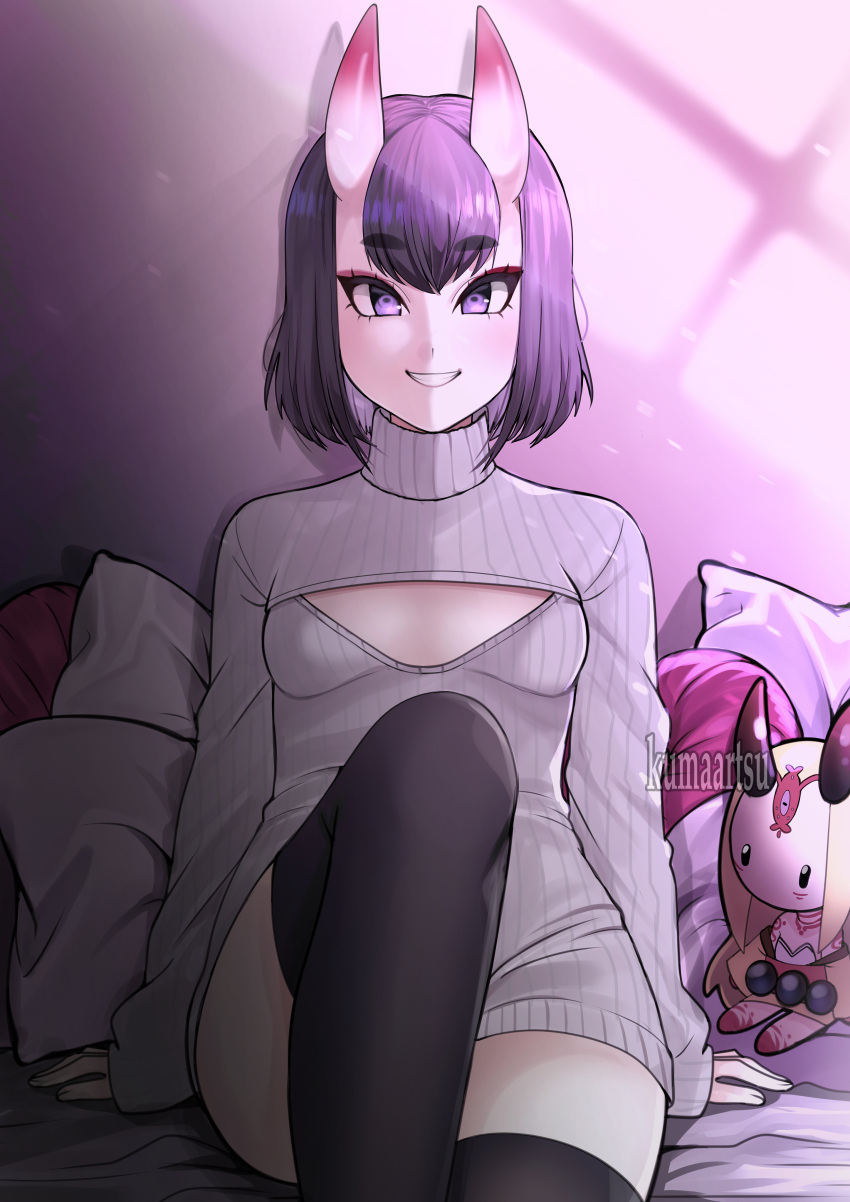 1girl absurdres black_legwear bob_cut breasts character_doll dress eyebrows_visible_through_hair fate/grand_order fate_(series) grey_sweater grin highres horns ibaraki_douji_(fate) kumaartsu leg_up looking_at_viewer meme_attire no_bra on_bed oni oni_horns open-chest_sweater pale_skin pillow purple_eyes purple_hair ribbed_sweater short_eyebrows short_hair shuten_douji_(fate) sitting skin-covered_horns small_breasts smile solo sweater sweater_dress thighhighs turtleneck turtleneck_sweater watermark zettai_ryouiki