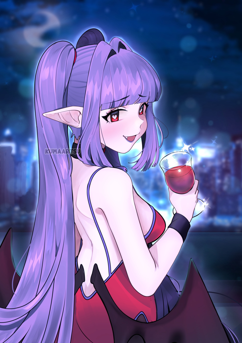 1girl absurdres bangs blunt_bangs blurry blurry_background detached_collar eyebrows_visible_through_hair hair_intakes heart heart-shaped_pupils highres kumaartsu long_hair looking_at_viewer open_mouth original purple_hair red_eyes sidelocks sleeveless solo symbol-shaped_pupils twintails white_background wings