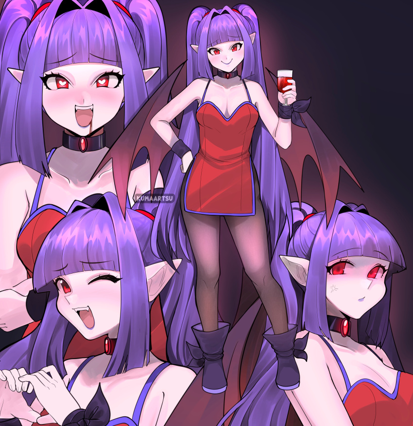 1girl absurdres bangs black_legwear blunt_bangs blush breasts cleavage closed_mouth cup drinking_glass eyebrows_visible_through_hair fangs hair_intakes heart heart-shaped_pupils highres holding holding_cup kumaartsu long_hair looking_at_viewer medium_breasts multiple_views one_eye_closed open_mouth original pantyhose pointy_ears purple_hair purple_lips red_eyes smile symbol-shaped_pupils teeth twintails upper_teeth vampire wine_glass