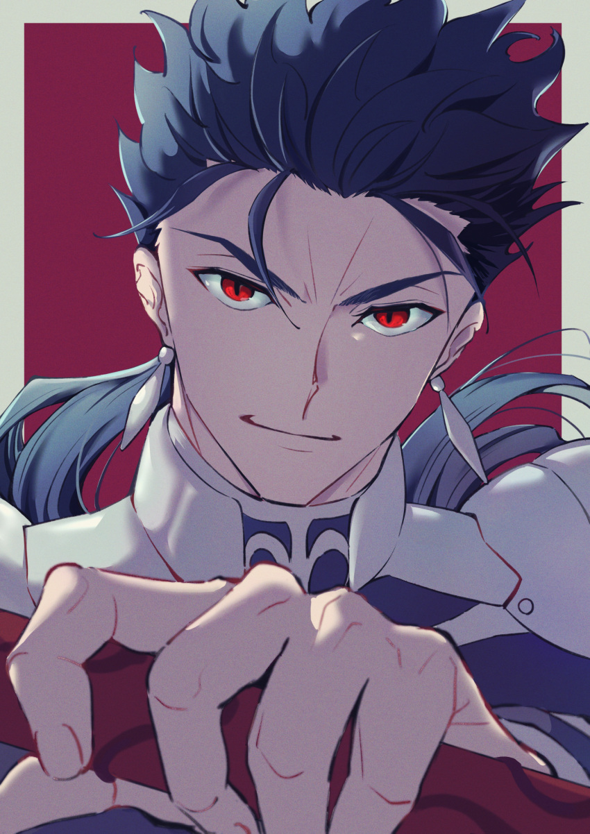 1boy blue_hair cu_chulainn_(fate) cu_chulainn_(fate/stay_night) earrings energy face fate/extella fate/extella_link fate/extra fate/grand_order fate/stay_night fate_(series) gae_bolg_(fate) highres holding holding_polearm holding_weapon jewelry kiriko_(onigiri21) light_smile long_hair looking_at_viewer male_focus polearm ponytail red_eyes smile solo spear weapon