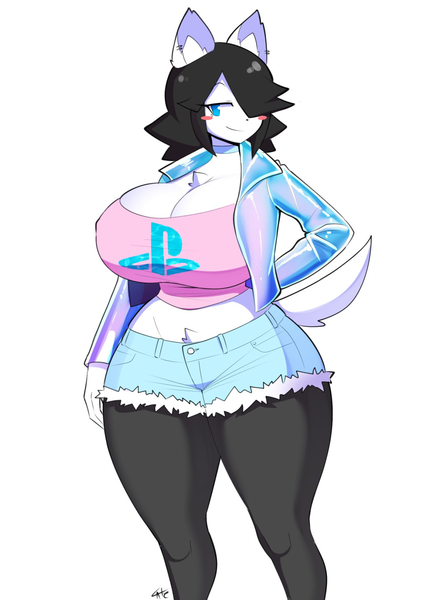 2022 anthro big_breasts black_hair blue_eyes blush blush_stickers bottomwear breasts canid canine canis cleavage clothed clothing cutoffs denim denim_clothing domestic_dog ear_piercing female hair hair_over_eye hi_res inner_ear_fluff jacket legwear looking_at_viewer maggie_applebee mammal midriff one_eye_obstructed piercing playstation shirt shorts signature simple_background smile solo sony_corporation sony_interactive_entertainment theycallhimcake topwear tuft video_games white_background