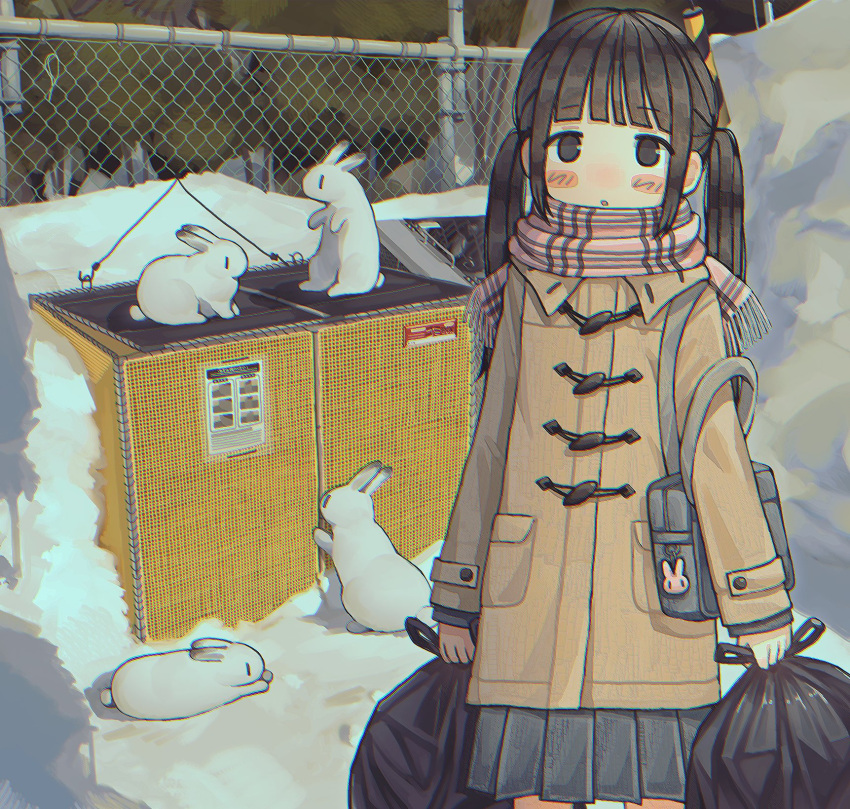 1girl bag bangs black_eyes black_hair black_skirt blunt_bangs blush brown_coat bunny chromatic_aberration coat eyebrows_visible_through_hair highres holding holding_bag long_hair looking_at_viewer original parted_lips pleated_skirt rnfhv scarf skirt snow solo trash_bag trash_can twintails