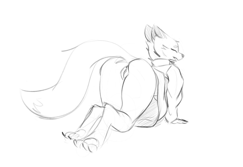 all_fours anthro anus bottomless breasts butt canid canine clothed clothing eyes_closed feet female fingers fluffy fluffy_tail fox genitals hi_res mammal monochrome open_mouth pawpads pussy schmutzo simple_background sketch solo toes white_background