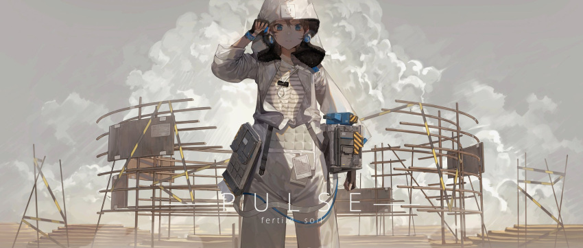 1girl bangs blue_eyes bodysuit brown_hair cloud cloudy_sky collarbone commentary_request english_text fingerless_gloves gloves grey_shirt grey_sky hair_between_eyes hand_up highres hood looking_at_viewer machinery open_clothes original parted_lips plateau pole scaffolding scenery shirt sky smiley_face solo striped striped_shirt white_shirt wiping_sweat zebai7339