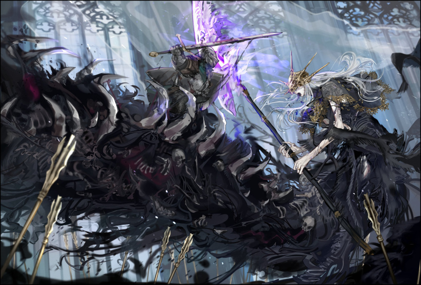 1other aldrich_devourer_of_gods armor arrow_(projectile) battle black_capelet bone breastplate capelet corpse covered_eyes dark_souls_(series) dark_souls_iii fighting_stance full_armor gauntlets helmet highres holding holding_polearm holding_scythe holding_shield holding_sword holding_weapon indoors long_hair monster nslacka planted planted_arrow polearm scythe shield skull sword weapon white_hair