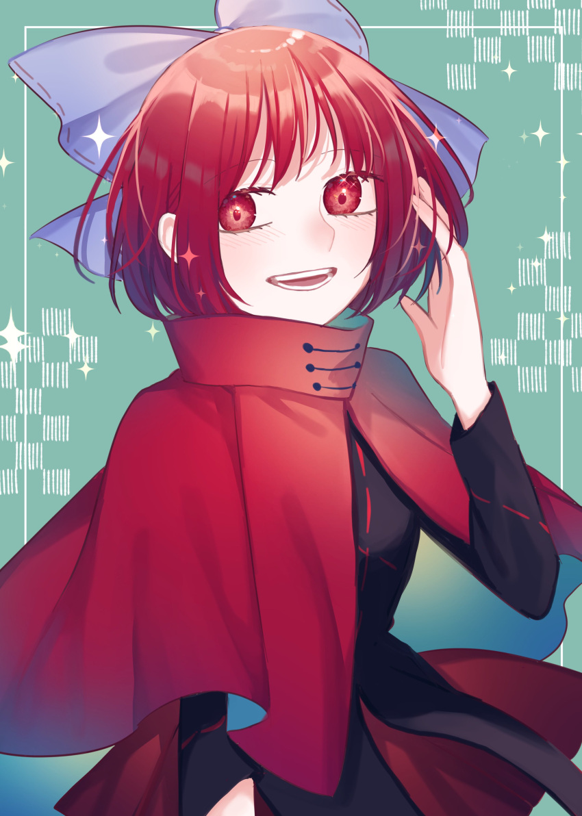 1girl absurdres black_shirt blue_bow bow cape cloak dullahan eyebrows_visible_through_hair green_background hair_bow highres long_sleeves red_cloak red_eyes red_hair sekibanki shirt short_hair skirt smile solo toraneko_2 touhou