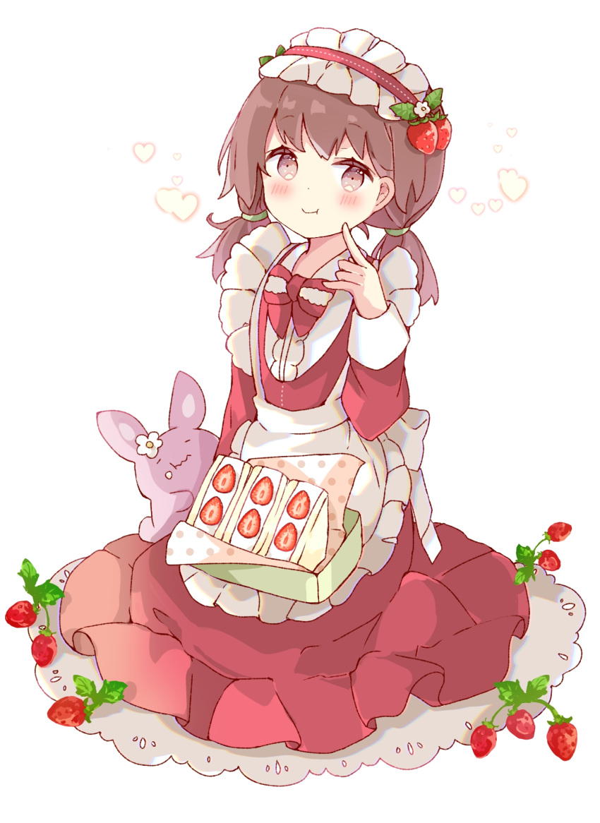 1girl :t animal apron bangs blush bow brown_eyes brown_hair bunny center_frills closed_mouth collared_shirt commentary dress eating eyebrows_visible_through_hair food frilled_apron frilled_hairband frills fruit full_body hairband heart highres long_hair long_sleeves looking_at_viewer low_twintails original red_bow red_dress red_hairband sandwich shirt solo strawberry symbol-only_commentary tsukiyo_(skymint) twintails white_apron white_background white_shirt