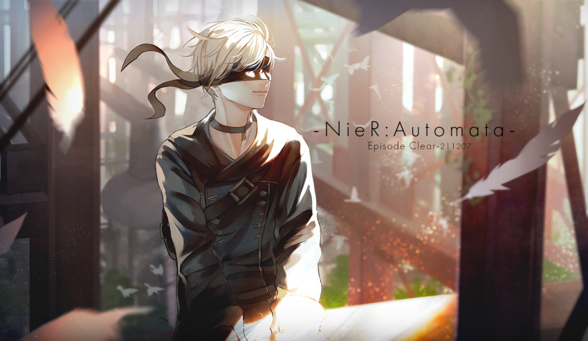 1boy bangs bird black_blindfold black_choker black_coat black_gloves blindfold blurry blurry_background blurry_foreground buttons choker coat copyright_name covered_eyes double-breasted falling_feathers gloves nier_(series) nier_automata outdoors pink_lips post-apocalypse ruins short_hair sitting smile solo steel_beam strap tomanattsu white_hair yorha_no._9_type_s