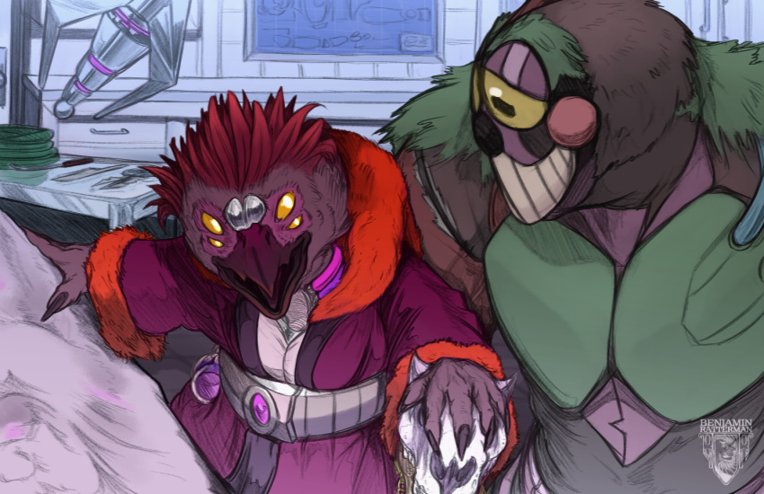 anthro avian belt benjamin_ratterman bird blueprint bone clothing digital_drawing_(artwork) digital_media_(artwork) exposed_chest glowing glowing_eyes group laboratory laser looking_at_another male mammal pilosan robe robotic scientist skull sloth staff technology xenarthran