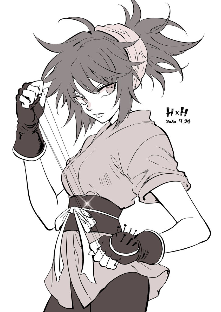 1girl 302 fingerless_gloves gloves highres hunter_x_hunter japanese_clothes kimono long_hair machi_(hunter_x_hunter) messy_hair monochrome obi obijime pincushion ponytail sash solo string