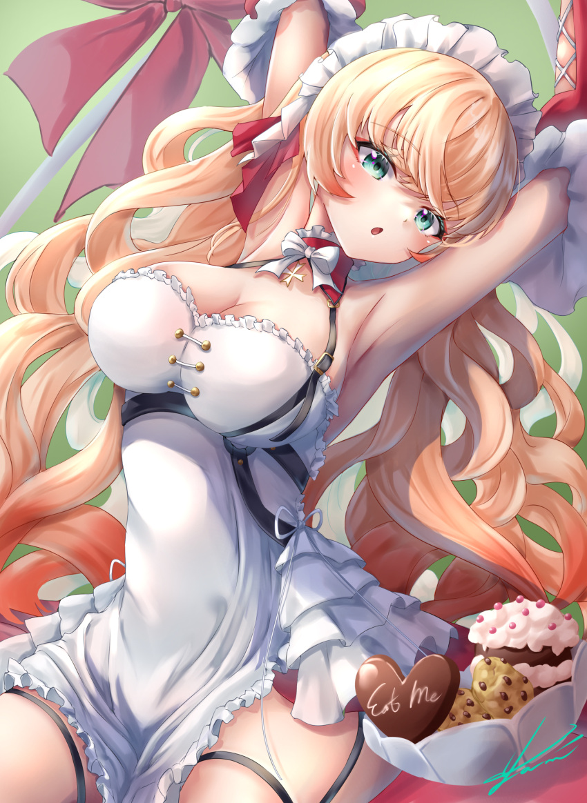 1girl :o aqua_eyes azur_lane bangs blonde_hair blush bow bowtie breasts cleavage eyebrows_visible_through_hair food hands_up highres howe_(azur_lane) howe_(pastry_princess)_(azur_lane) large_breasts long_hair looking_at_viewer maid maid_headdress official_alternate_costume open_mouth solo thighs yam_(yam6056)