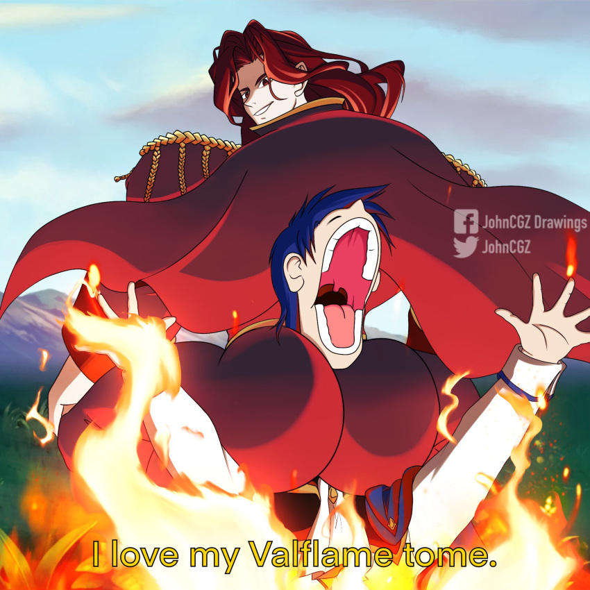 2boys alvis_(fire_emblem) ass blue_hair blue_sky broly_culo_(meme) cape cloud day english_text epaulettes fire_emblem fire_emblem:_genealogy_of_the_holy_war from_behind grin highres jacket johncgz long_hair long_sleeves looking_at_viewer looking_back male_focus meme multiple_boys outdoors red_cape red_eyes red_hair sigurd_(fire_emblem) sky smile upper_body white_jacket