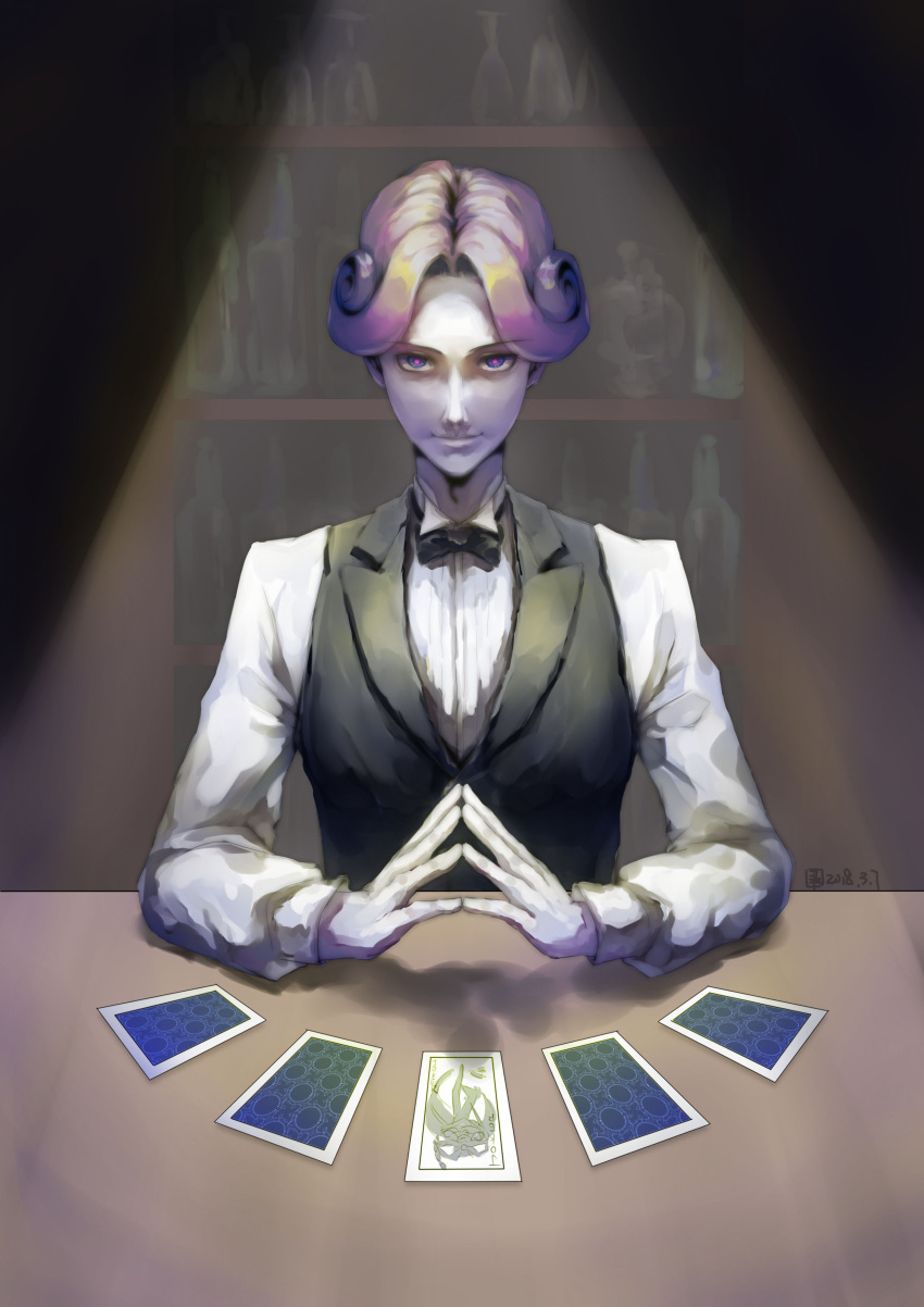 1boy absurdres black_bow black_bowtie blue_eyes bottle bow bowtie bright_pupils card closed_mouth dated fate/grand_order fate_(series) highres indoors isaac_bou joker_(card) looking_at_viewer male_focus mephistopheles_(fate) mephistopheles_(the_sun_and_gold_gamblers)_(fate) pale_skin pixiv_fate/grand_order_contest_2 playing_card purple_hair shirt smile solo steepled_fingers table upper_body vest white_shirt
