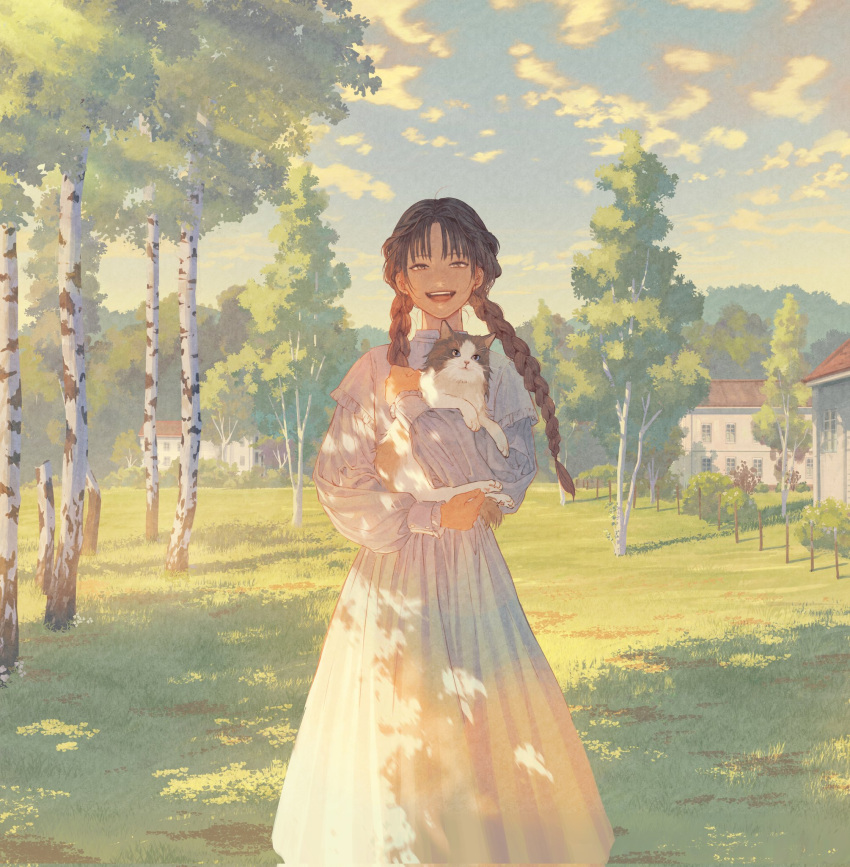 1girl :d animal bangs braid brown_eyes brown_hair cat cloud cloudy_sky commentary dappled_sunlight day dress eyebrows_behind_hair grass highres holding holding_animal holding_cat house imoni_(gggzooo) long_dress long_hair looking_at_viewer open_mouth original outdoors parted_bangs sky smile solo standing sunlight teeth tree twin_braids white_dress