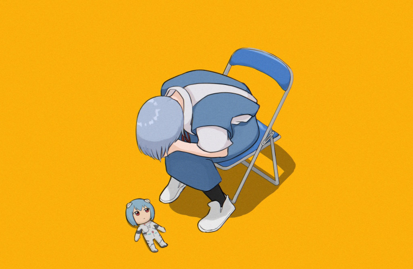 1girl ayanami_rei bent_over black_legwear blue_hair blue_skirt chair character_doll commentary english_commentary expressionless folding_chair from_above from_side fumo_(doll) hands_on_own_knees highres looking_down meme neck_ribbon neon_genesis_evangelion nvi2762 parody red_neckwear ribbon shinji_in_a_chair_(meme) shirt short_hair short_sleeves simple_background sitting skirt socks solo stuffed_toy suspender_skirt suspenders tokyo-3_middle_school_uniform_(evangelion) white_footwear white_shirt yellow_background