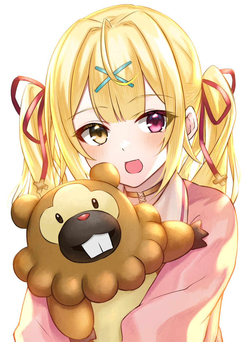 1girl :d absurdres akky_(akimi1127) bangs bidoof blonde_hair blush brown_eyes commentary_request eyebrows_visible_through_hair hair_ornament hair_ribbon hairclip heterochromia highres hoshikawa_sara jacket long_hair looking_at_viewer nijisanji open_clothes open_jacket pink_jacket pokemon pokemon_(creature) red_eyes red_ribbon ribbon shirt simple_background smile twintails upper_body virtual_youtuber white_background x_hair_ornament yellow_shirt