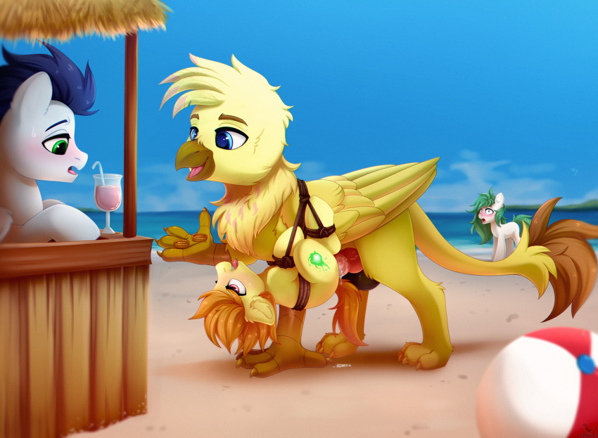 avian ball beach beach_ball beak blue_eyes bodily_fluids bound claws coin cutie_mark dinoalpaka earth_pony equid equine fan_character feathered_wings feathers female feral friendship_is_magic girly gryphon hasbro hi_res horse inflatable larger_male long_tail male male/male mammal my_little_pony mythological_avian mythology pegasus pony seaside size_difference smaller_female soarin_(mlp) sweat tail_tuft tongue tongue_out tuft wings wonderbolts_(mlp) yellow_body yellow_feathers