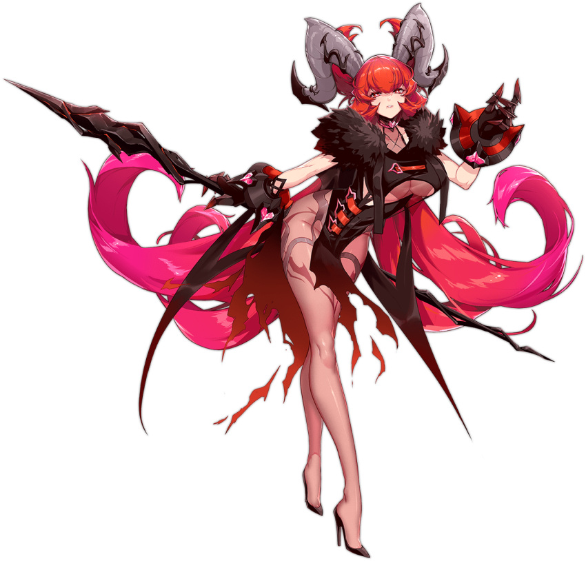 1girl ark_order armor asmodeus_(ark_order) black_cape black_dress black_footwear bodystocking cape choker curled_horns dress heart heart_choker high_heels holding horns leg_tattoo long_hair mole mole_under_mouth official_art pauldrons red_eyes red_hair shanyao_jiang_tororo short_twintails shoulder_armor single_pauldron solo standard_bearer tachi-e tattoo transparent_background twintails very_long_hair