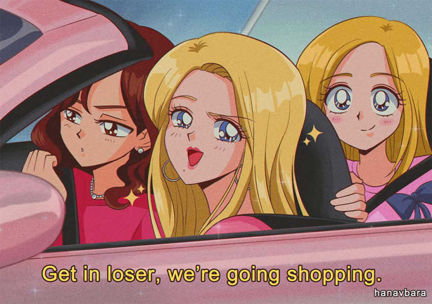 1990s_(style) 3girls animification artist_name blonde_hair blue_eyes blush car closed_mouth earrings eyebrows_visible_through_hair gretchen_wieners ground_vehicle hanavbara hoop_earrings jewelry karen_smith lips looking_at_viewer looking_away mean_girls mole mole_under_mouth motor_vehicle multiple_girls open_mouth regina_george retro_artstyle smile