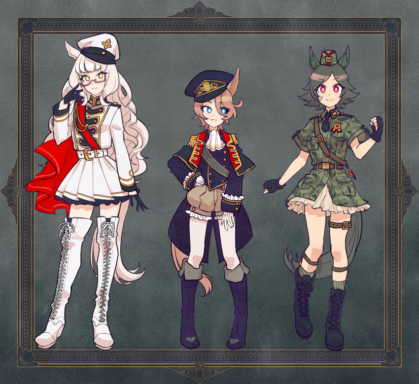 3girls alternate_costume animal_ears biwa_hayahide_(umamusume) black_footwear black_gloves black_hair boots closed_mouth cross-laced_footwear eyebrows_visible_through_hair fingerless_gloves glasses gloves high_heel_boots high_heels highres horse_ears horse_girl horse_tail knee_boots lace-up_boots long_hair long_sleeves looking_at_another looking_at_viewer multiple_girls narita_taishin_(umamusume) parted_lips pleated_skirt rectangular_eyewear red-framed_eyewear red_eyes semi-rimless_eyewear short_hair short_sleeves skirt smile tail thigh_boots thighhighs umamusume under-rim_eyewear white_footwear white_gloves white_hair white_skirt winning_ticket_(umamusume) yoshidanoe