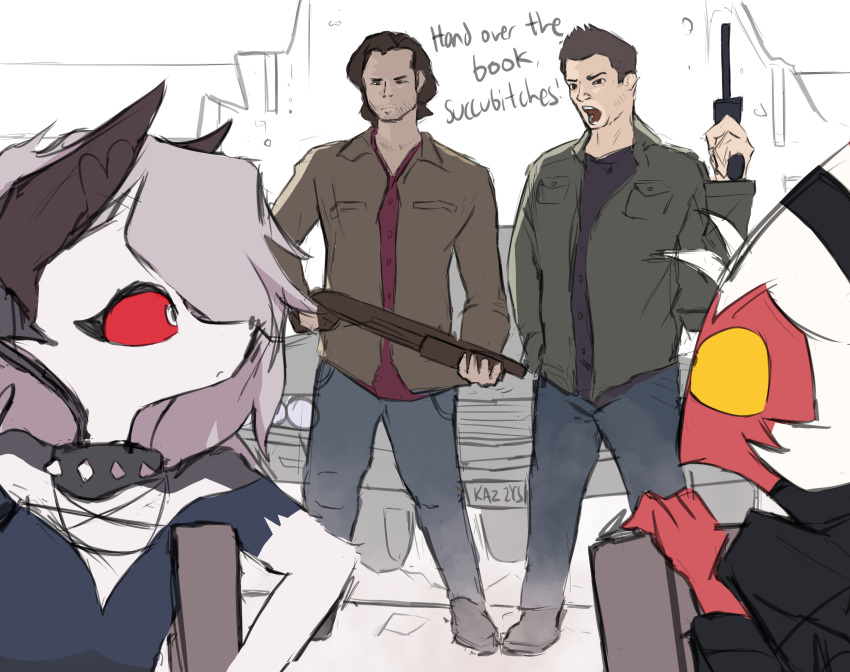 absurd_res anonymous_artist anthro canid canine clothing dean_winchester female group gun hair helluva_boss hi_res human imp loona_(helluva_boss) male mammal moxxie_(helluva_boss) ranged_weapon red_body sam_winchester shotgun supernatural_(tv_show) weapon white_hair