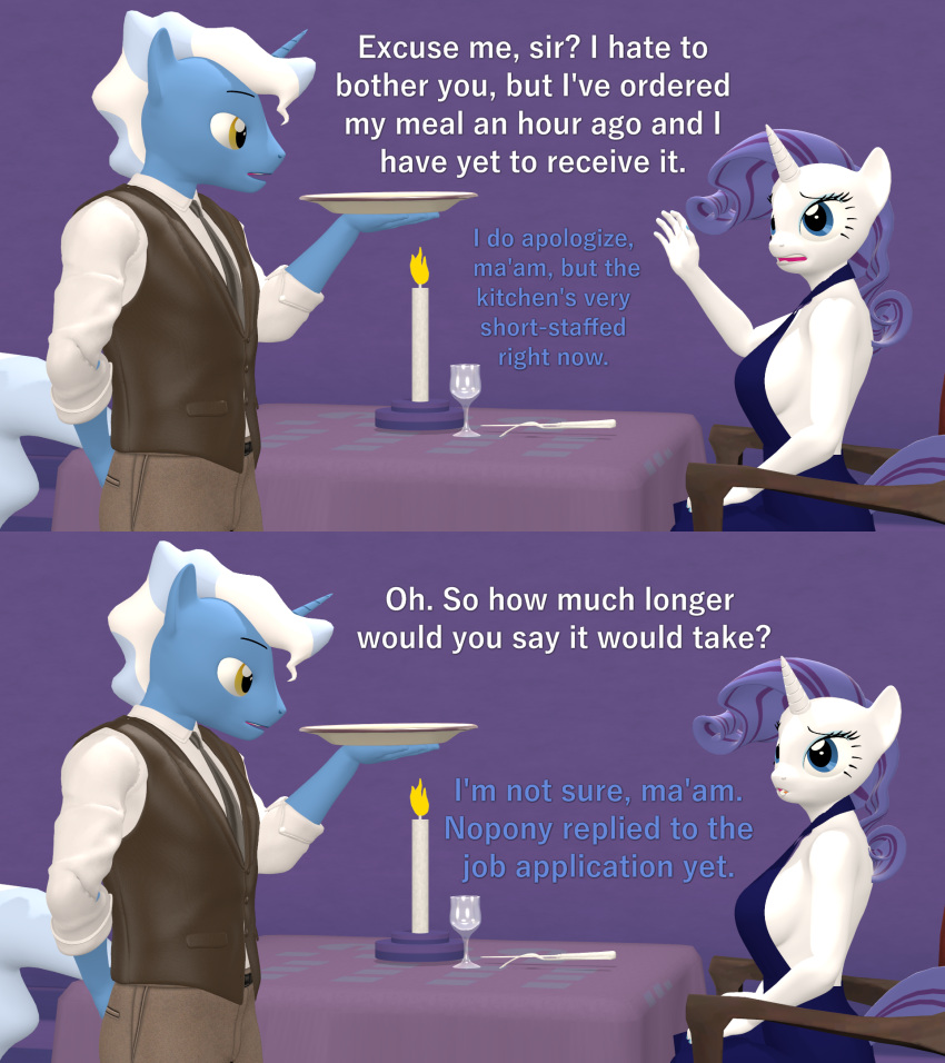 3d_(artwork) anthro anthrofied breasts candle clothed clothing dialogue digital_media_(artwork) dress equid equine female friendship_is_magic hi_res horn lit_candle male mammal my_little_pony papadragon69 pokey_pierce_(mlp) rarity_(mlp) side_boob unicorn waiter